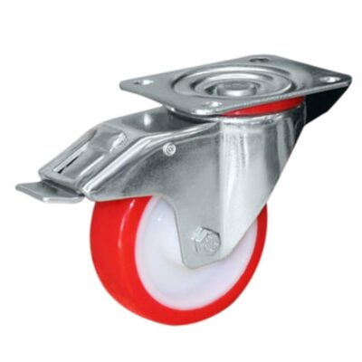 RED 100mm URETHANE CASTOR SWIVEL BRAKED PLAIN BORE (100KG)