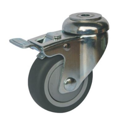 GREY 75mm RUBBER CASTOR SWIVEL BOLT HOLE BRAKED (60KG)